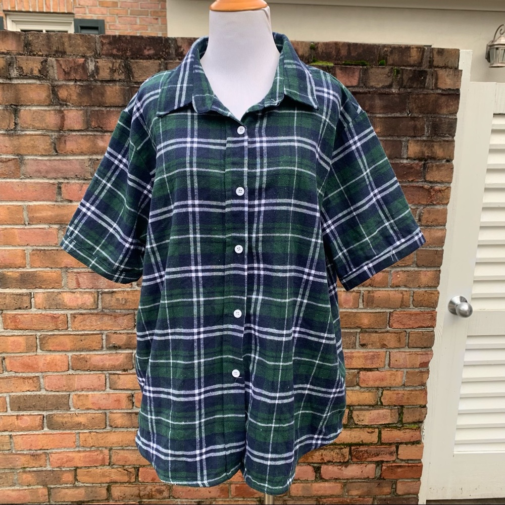 NWT Meaneor Short Sleeve Blue Green Plaid Flannel Shirt Button Down XXXXL